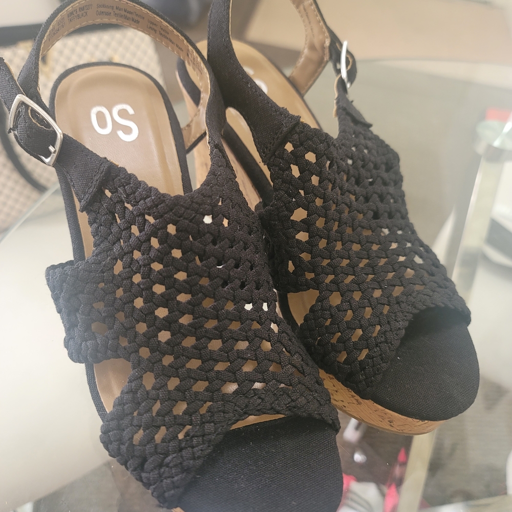 SO Black Woven Wedge Sandals